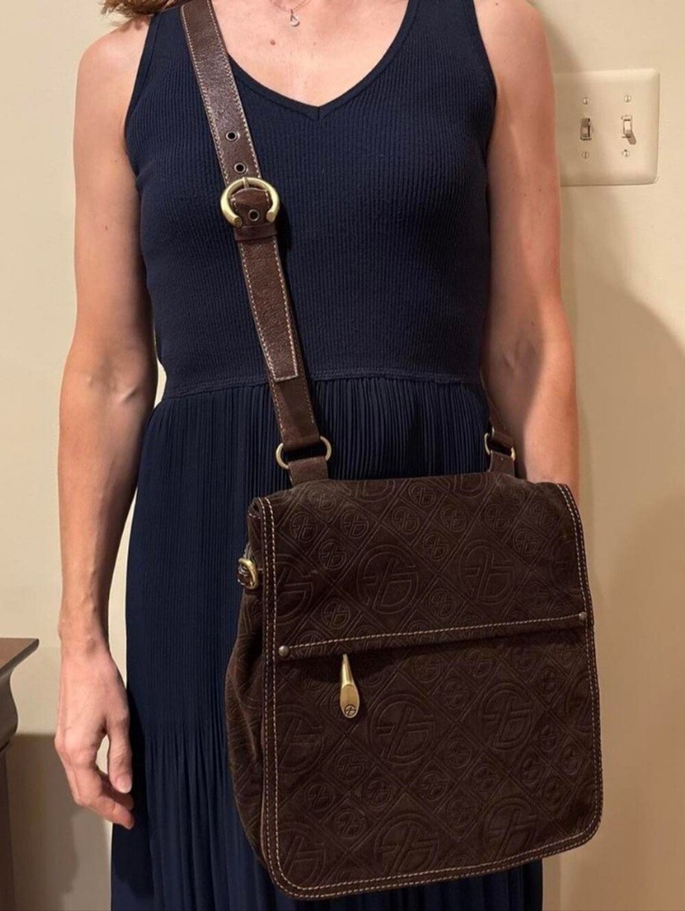 Francesco Biasia Brown Embossed Suede Crossbody Bag